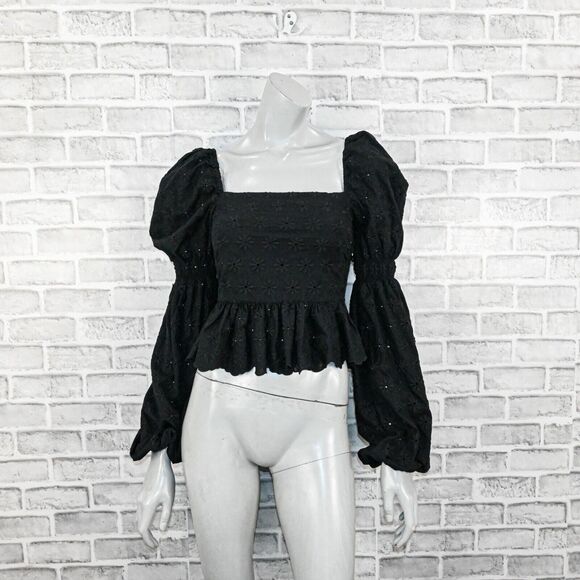 Caroline Constas Women's Wren Puff Sleeve Eyelet Embroidered top in Black sz XS - Picture 2 of 8
